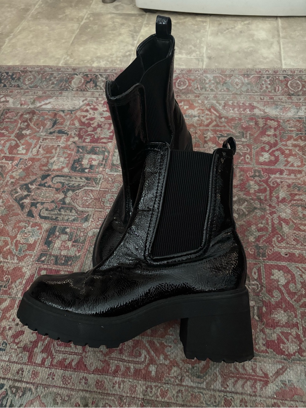 River Island Black Patent Chunky Chelsea Booties